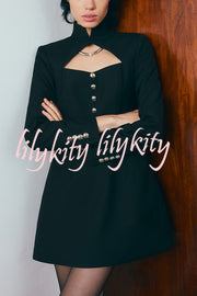 Elegant Long-sleeved Hollowed-out Button-down Slim-fit Mini Dress