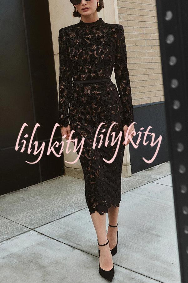 Diane Velvet Embroidered Floral Lace Long Sleeve Belt Scallop Edge Midi Dress