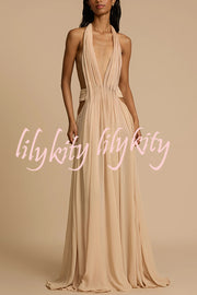 Ethereal Moment Tulle Cutout Ruched Waist Backless Halter Maxi Dress