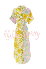 Travel Effortlessly Linen Blend Floral Patchwork Shirt Midi Dress