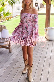 Floral Print Off The Shoulder Pleated Bell Sleeve Fitted Mini Dress