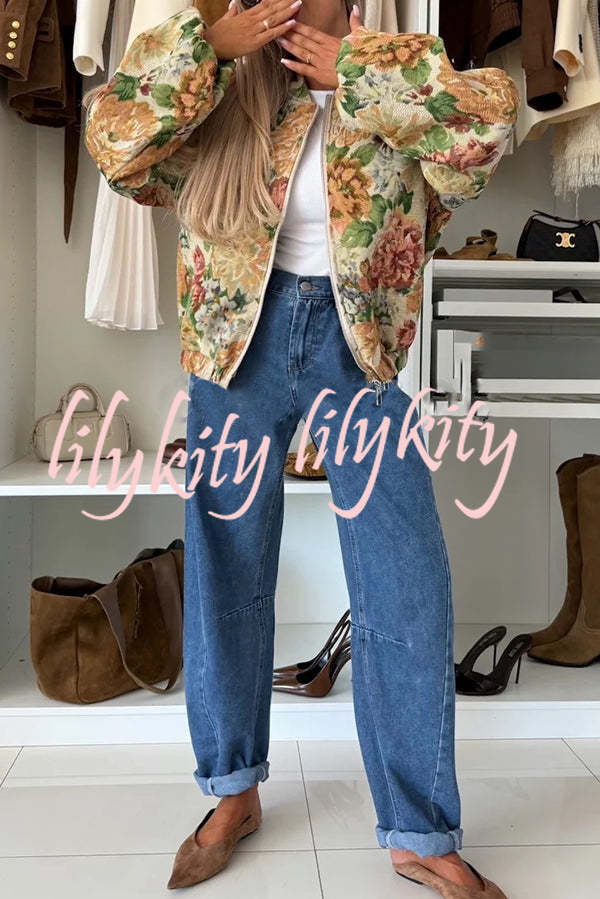 Floral Print Loose Long-sleeved Zip-up Jacket