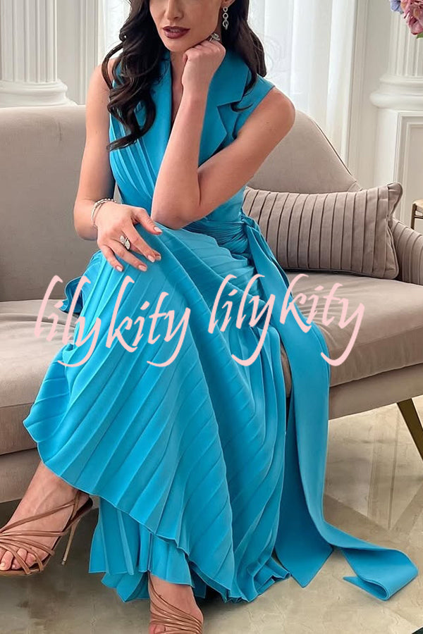 Solid Color Lapel Sleeveless Waist Tie Pleated Wide-leg Jumpsuit