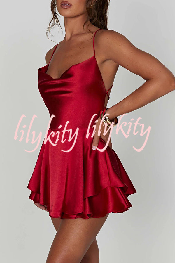 Ruffled Elegant Satin Strappy Satin Backless Lace Up Mini Dress