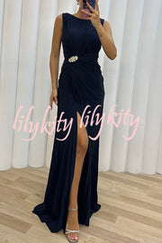 Pretty Special Pleated Embellished Slit Evening Maxi Dress