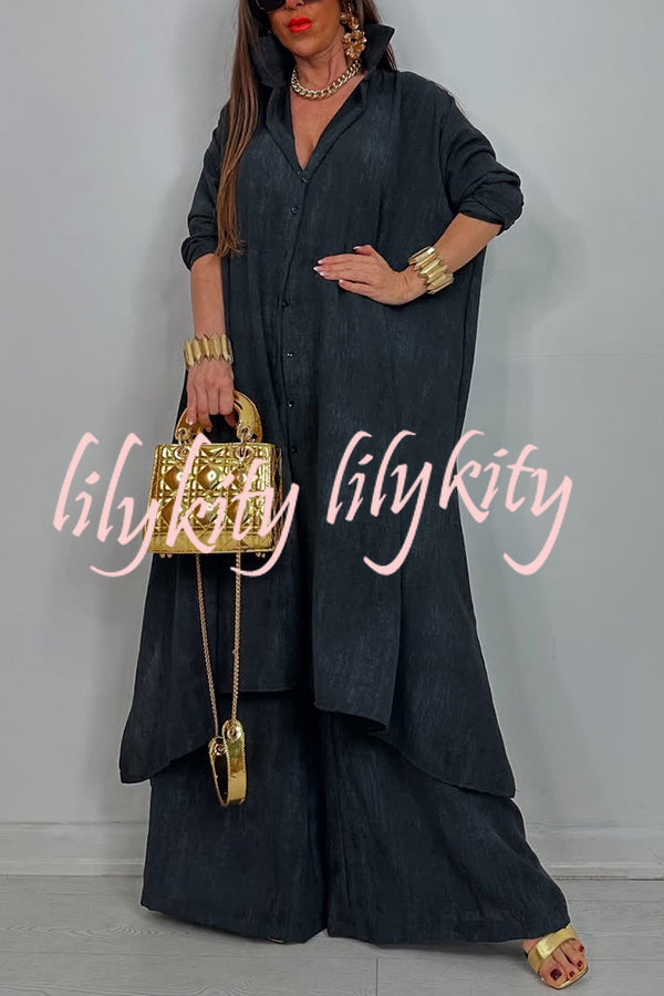 Solid Color Casual Loose Long Shirt and Elastic Waist Pocket Wide Leg Pants Set