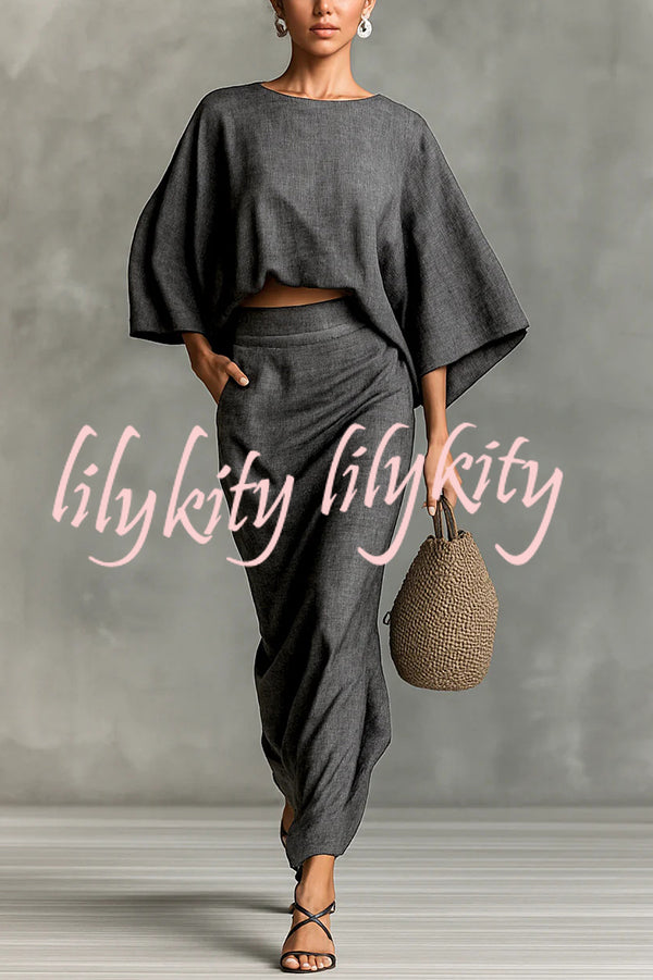 Linen Blend Batwing Sleeve Loose Top and Casual Pocket Maxi Skirt Set