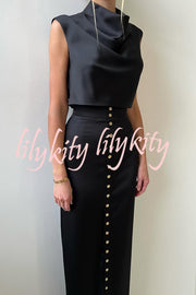 Solid Color Casual Sleeveless Crop Top and Elegant Button-down Maxi Skirt Set