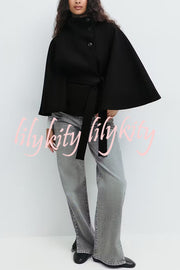 Fashionable Stand Collar Button Waist Tie Loose Cape