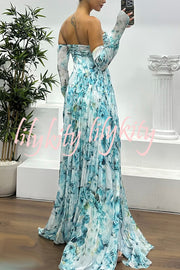 Reina Chiffon Floral Print Pleated Bodice Split Sleeve Strapless Slit Maxi Dress