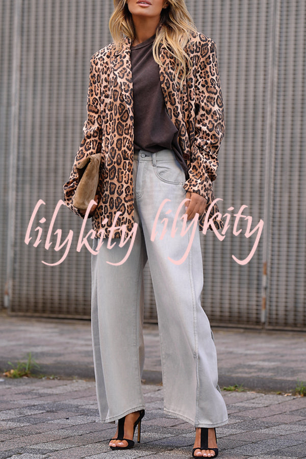 Catwalk Leopard Single Button Long Sleeve Pocketed Lapel Boyfriend Blazer