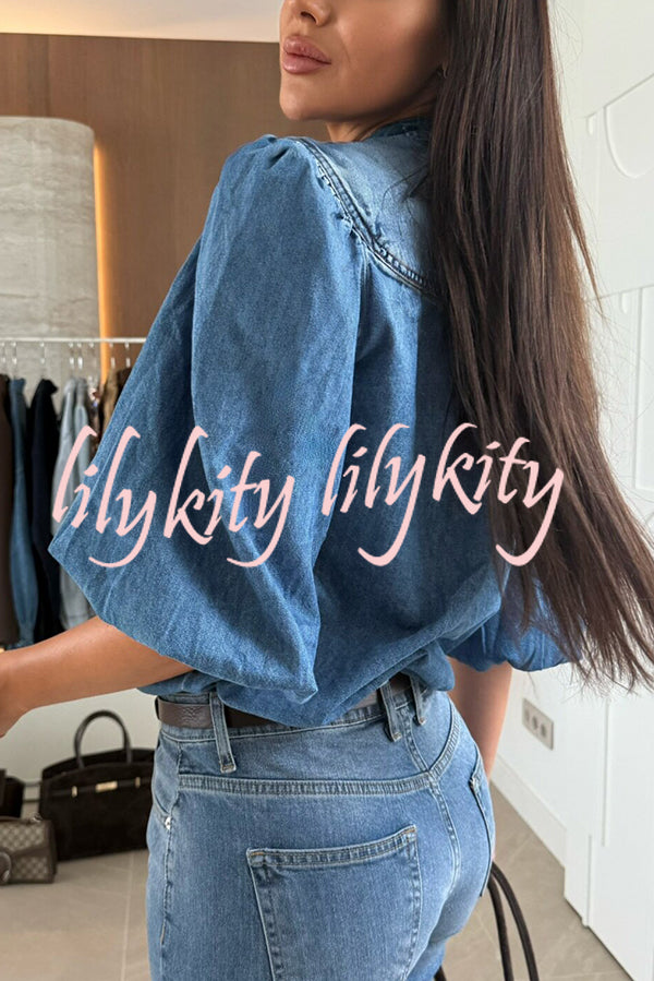 Fashion V-neck Button-down Lantern Sleeve Casual Denim Shirt