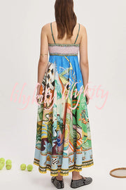 Linen Blend Unique Print Suspenders Back Pleated Pocket Resort Style Maxi Dress