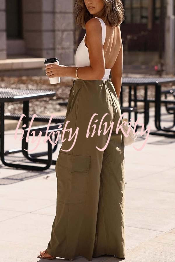 Great Week Pleated Elastic Waist Zipper Pocket Wide Leg Cargo Pants