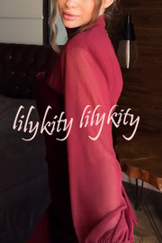 Hildie Chiffon and Two-piece Velvet Lace-up Bra High Neck Long Sleeve Maxi Dress