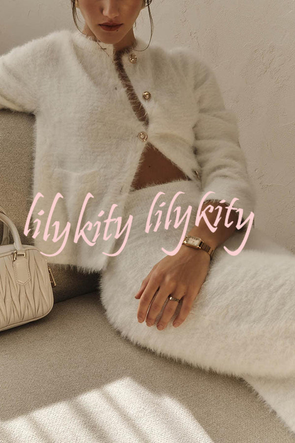 Solid Color Long-sleeved Button-pocket Knitted Jacket and Elegant Long Skirt Set