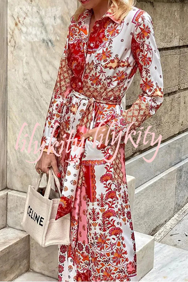 Bohemian Style Unique Printed Shirt Waist Tie Maxi Dress