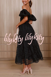 Solid Color Off-shoulder Lantern Sleeve Patchwork Midi Dress