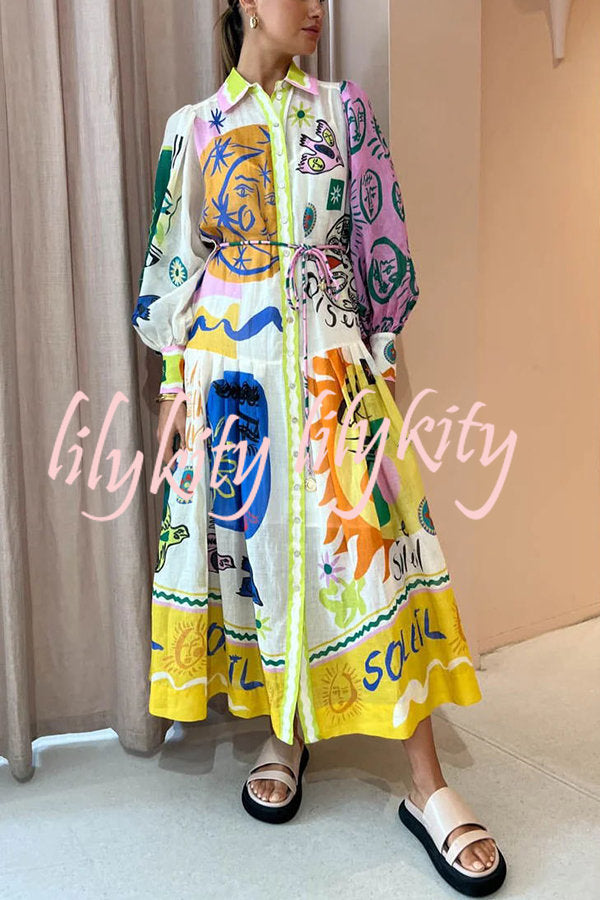 Boldness and Art Unique Print Balloon Sleeve Patchwork Shirt Midi Dress