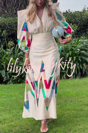 Highest Elegance Colorful Triangle Print Padded Shoulder Blouse and High Rise Maxi Skirt Set