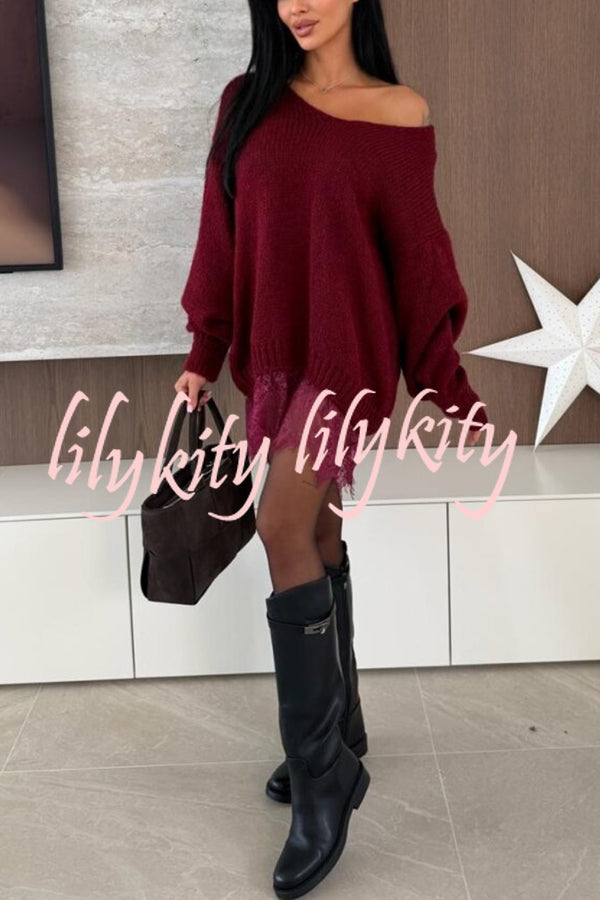 Comfy and Sweet Knit Lace Patchwork Hem Wide Neck Long Sleeve Loose Sweater