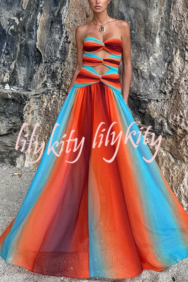 Sardinia Sunset Mesh Printed Twist Cutout Off Shoulder Vacation Maxi Dress