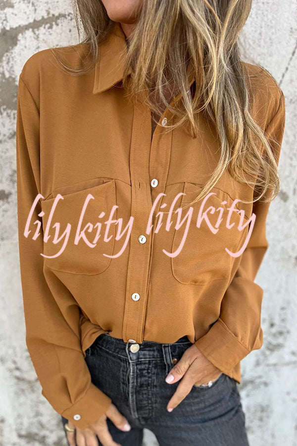 Solid Color Lapel Button Pocket Casual Long Sleeve Shirt