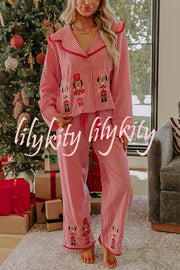 Nutcracker Charm Embroidered Gingham Loose Shirt and Elastic Waist Pajama Set