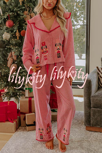Nutcracker Charm Embroidered Gingham Loose Shirt and Elastic Waist Pajama Set