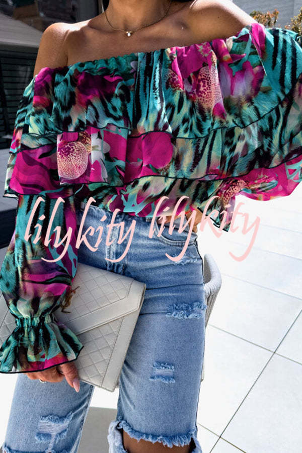 Colorful Botanical Print Sexy Off-shoulder Ruffle Top