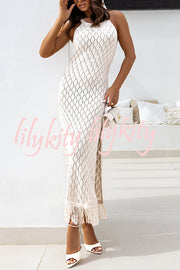Solid Color Sleeveless Knitted Tassel Slim High Slit Midi Dress