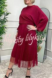 Fenna Ribbed Sequin Trim Batwing Sleeve Sweater and Pleated Tulle Stretch Tank Midi Dress Two-piece Set