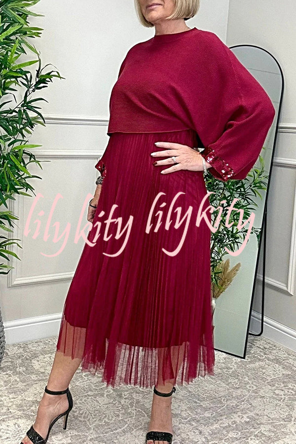 Fenna Ribbed Sequin Trim Batwing Sleeve Sweater and Pleated Tulle Stretch Tank Midi Dress Two-piece Set