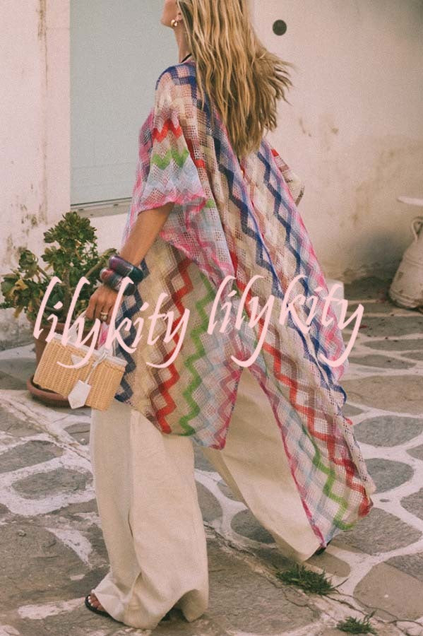 Sun Washed Knit Colorful Zigzag Pattern Asymmetric Hem Loose Cover-ups Kaftan