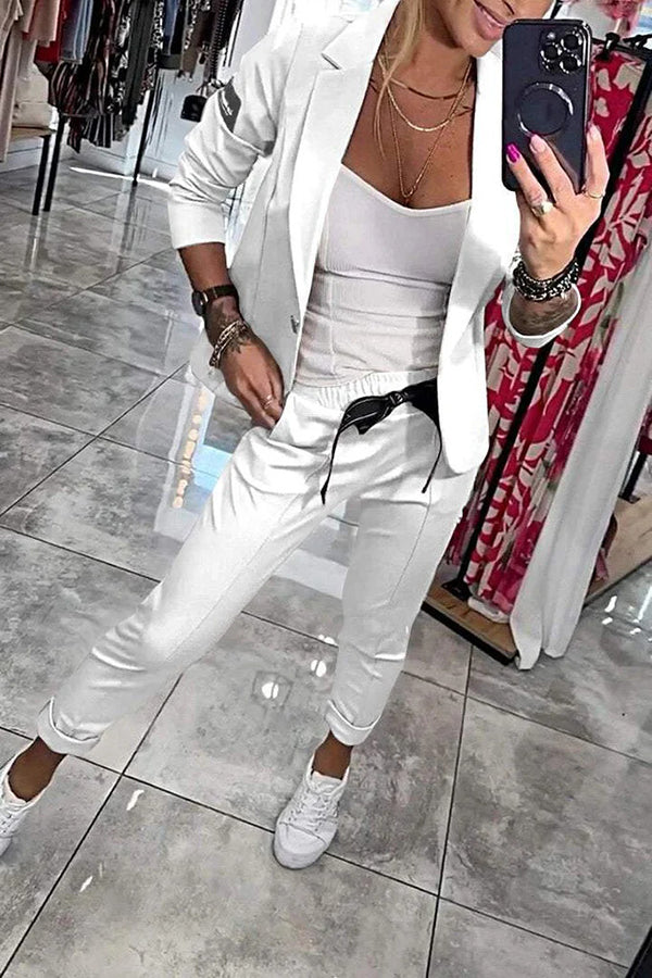 Smart Casual Lapel Blazer and Elastic Waist Tie Pocket Pants Set