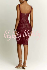 Fashion Choice Faux Leather Corset Ruched Back Zipper Mini Dress