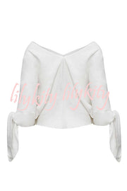 Joyful Bond Linen Blend V-neck Knotted Cuff Half Sleeve Loose Top