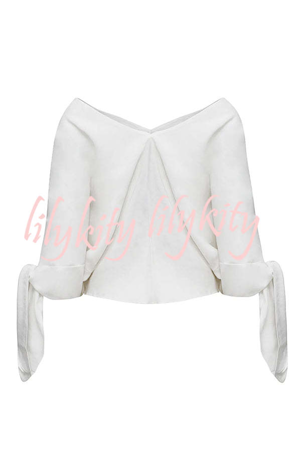 Joyful Bond Linen Blend V-neck Knotted Cuff Half Sleeve Loose Top