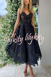 Elegant Openwork Lace Strapless Full-hem Midi Dress