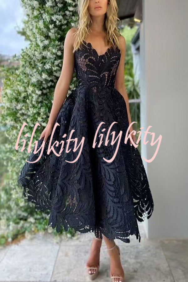 Elegant Openwork Lace Strapless Full-hem Midi Dress