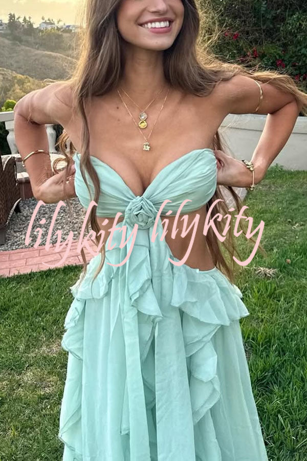 Gorgeous Vacation Halter Rose Detail Cut Out Ruffles Backless Maxi Dress