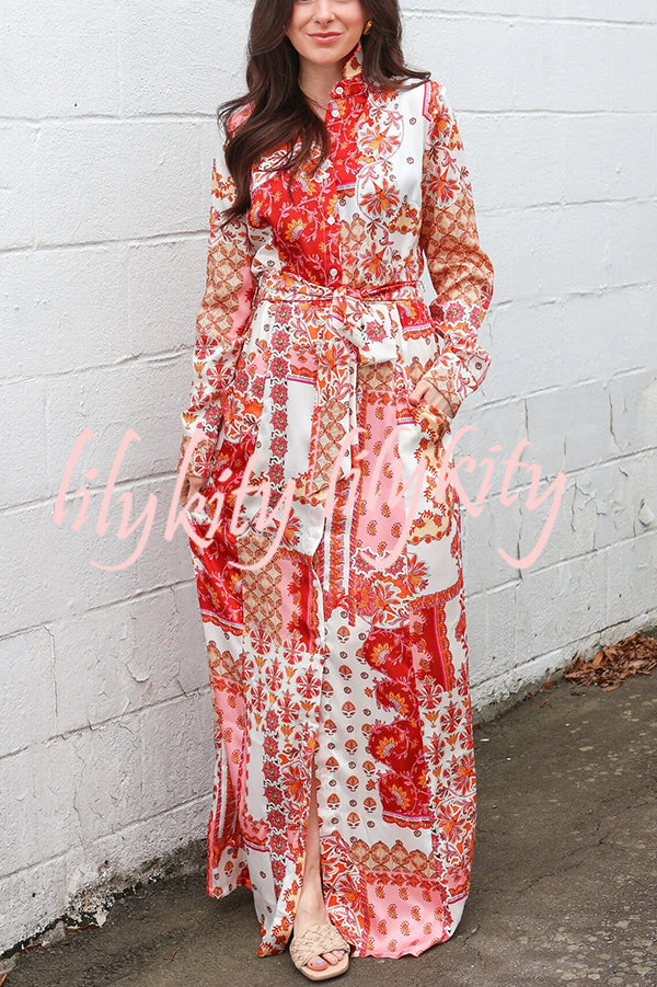 Bohemian Style Unique Printed Shirt Waist Tie Maxi Dress