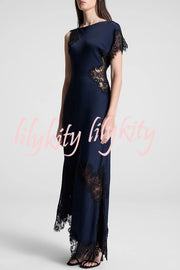 Paris Dream Satin Lace Trim Irregular Design Drape Maxi Dress