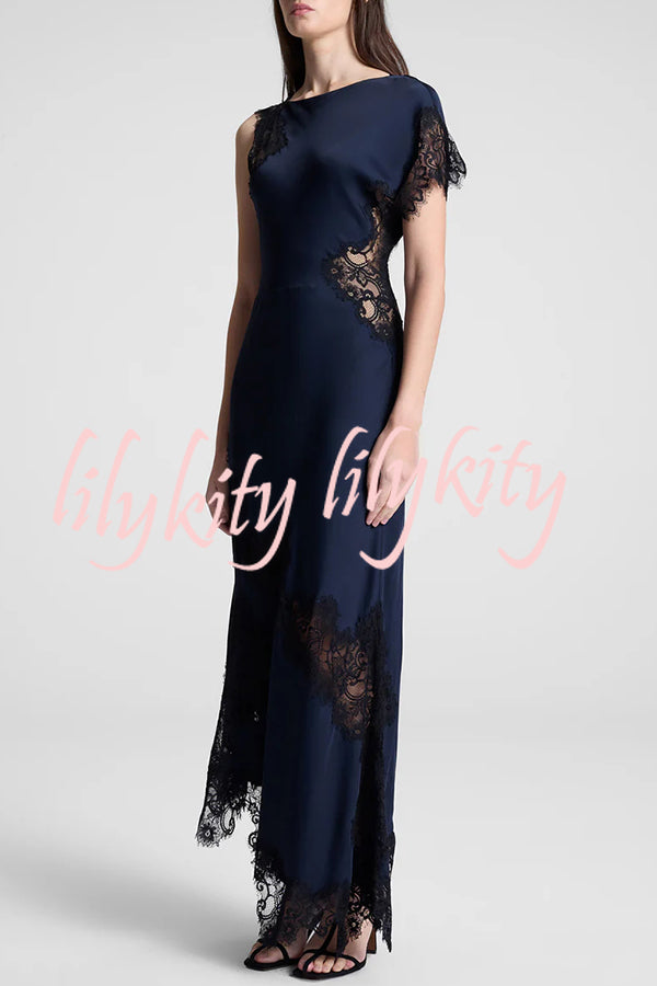 Paris Dream Satin Lace Trim Irregular Design Drape Maxi Dress