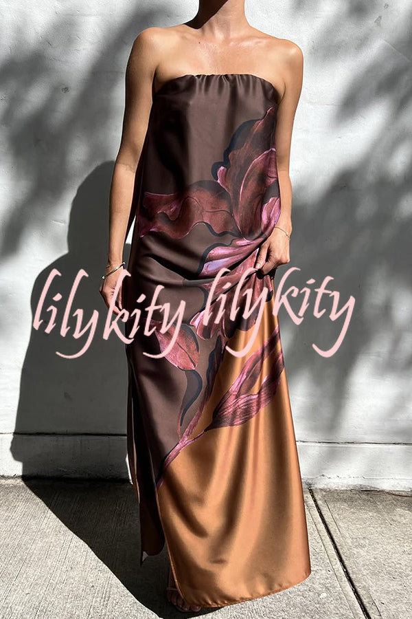 Drawing Inspiration Satin Floral Print Off Shoulder A-line Slit Maxi Dress