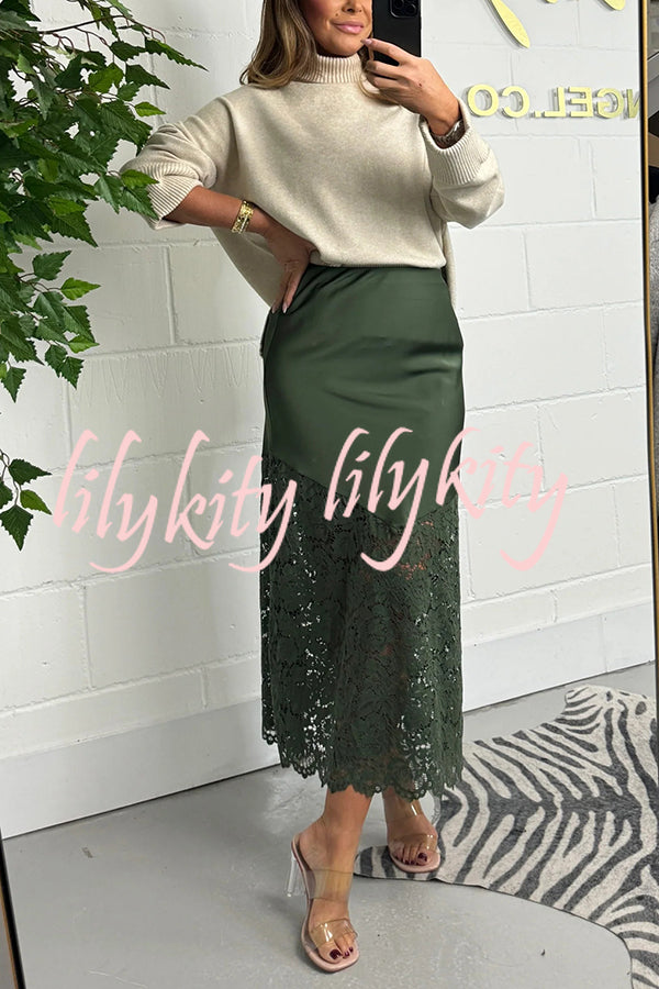 It's Your Night Solid Satin Lace Hem Midi Skirt