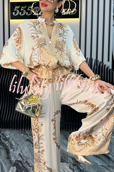 Unique Printed Casual Long-sleeved Loose Top and Elastic Waist Pocket Wide-leg Pants Set