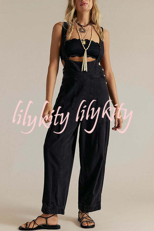 Fashionable Casual Side Pocket Button Loose Denim Overalls