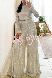 Fashionable Shiny Sequined Long-Sleeved Cropped Top and Casual Wide-Leg Pants Set