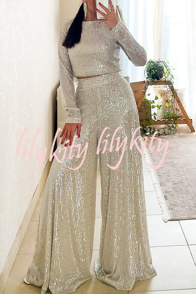 Fashionable Shiny Sequined Long-Sleeved Cropped Top and Casual Wide-Leg Pants Set